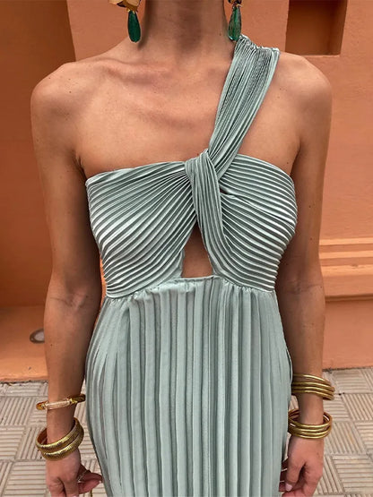 Fashion One Shoulder Hollow Out Pleated Maxi Dress