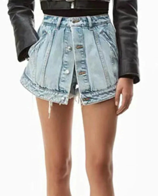 Fake Two Pieces High Waist A-line Thin Denim Shorts