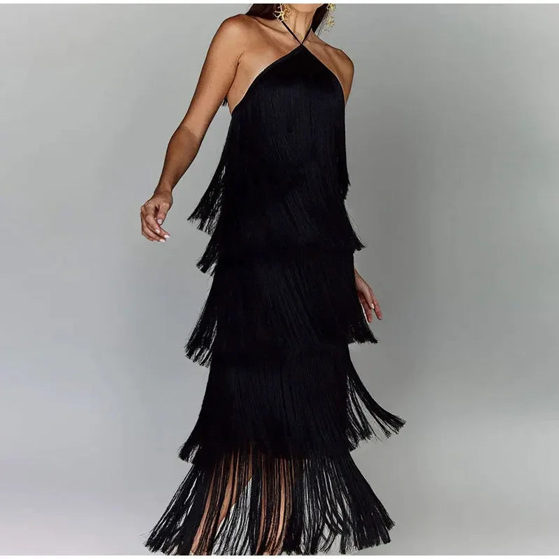 Chic Sleeveless Backless Metallic Color Tassel Long Dress