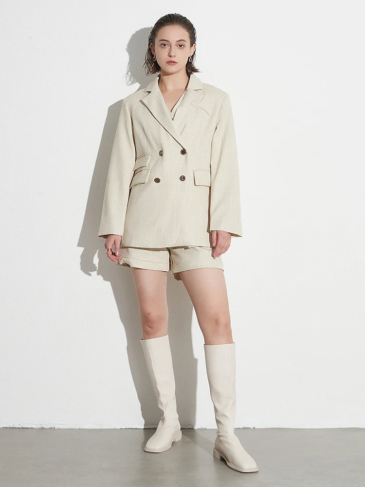 Beige dreiteilige Sets (Jacke + ärmellose, schmale Weste mit V-Ausschnitt + Shorts mit hoher Taille)