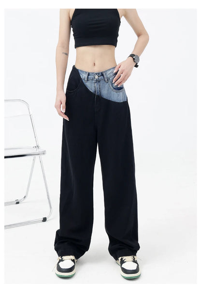 Casual Black Straight Jeans Vintage Patchwork Wide Leg Pants High Waist