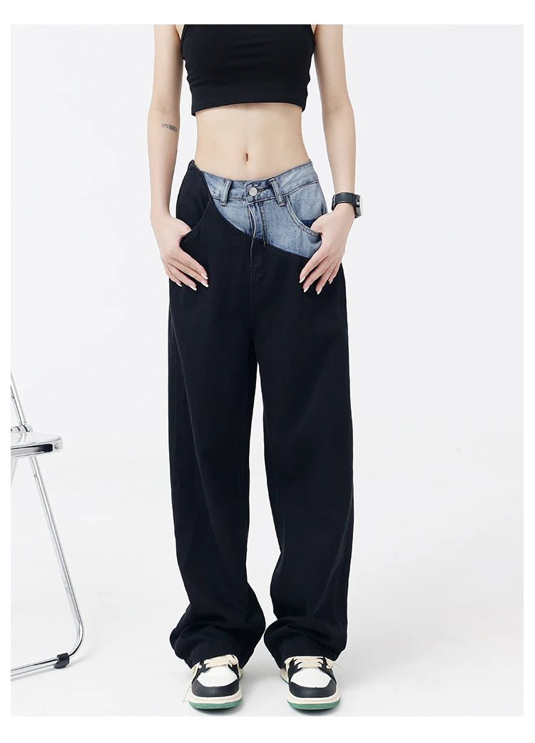 Casual Black Straight Jeans Vintage Patchwork Wide Leg Pants High Waist