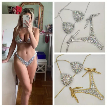 Luxuriöses, sexy Bikini-Set mit Strasssteinen, BH und Tanga