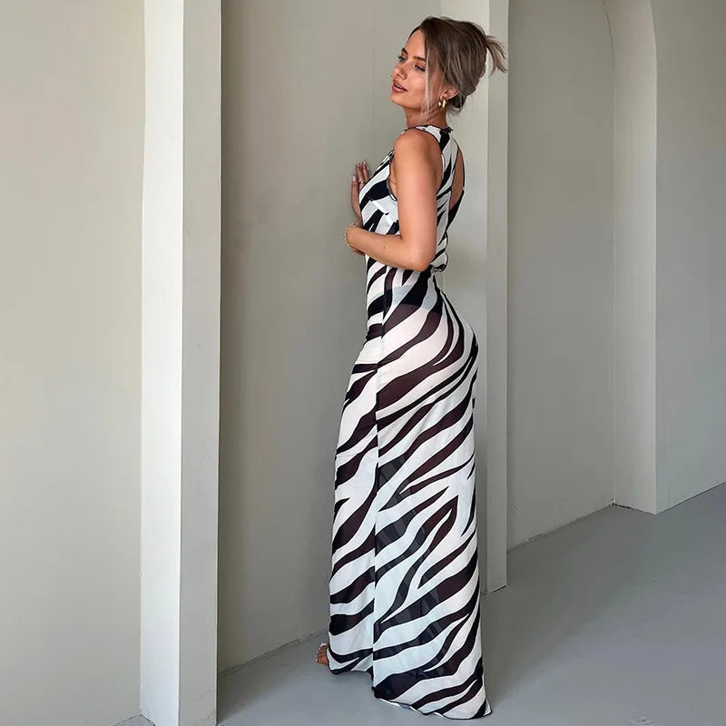 Langes Kleid im Strandstil mit Zebra-Print