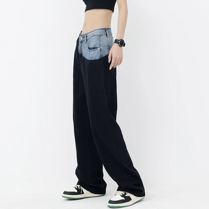 Casual Black Straight Jeans Vintage Patchwork Wide Leg Pants High Waist