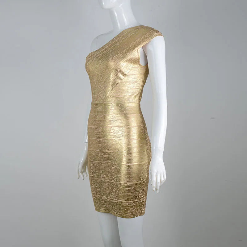 Gold Silver Sexy One Shoulder Bandage Sleeveless Dress