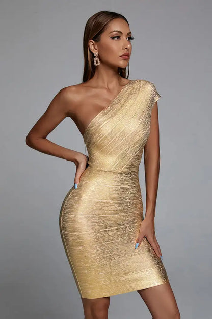 Gold Silver Sexy One Shoulder Bandage Sleeveless Dress