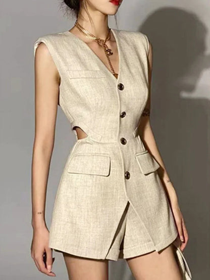 Beige Three Piece Sets (Jacket + V Neck Sleeveless Slim Vest + High Waist Shorts)