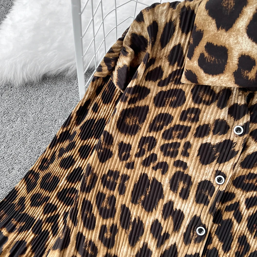 Casual Leopard Print Σετ 2 Τεμαχίων (μακρυμάνικο πουκάμισο & παντελόνι) 