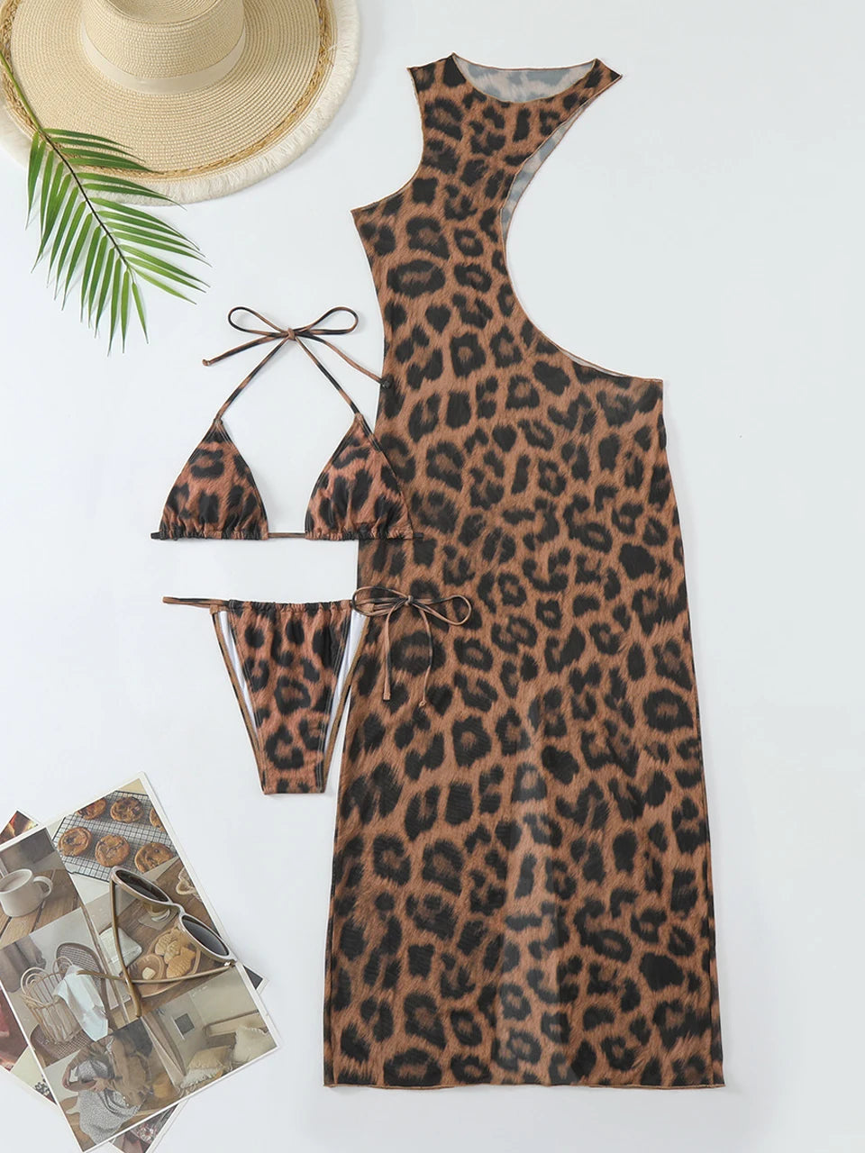 3-teiliges Bikini-Set mit Leopardenmuster und Überwurfkleid