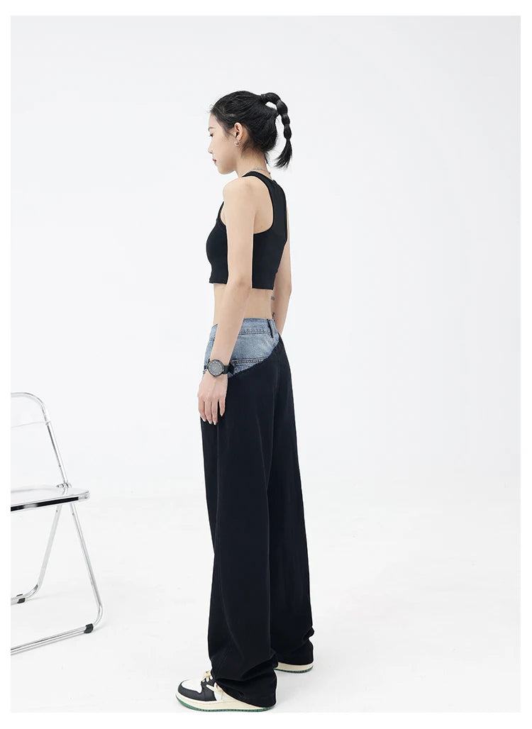 Casual Black Straight Jeans Vintage Patchwork Wide Leg Pants High Waist