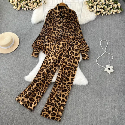 Casual Leopard Print Σετ 2 Τεμαχίων (μακρυμάνικο πουκάμισο & παντελόνι) 