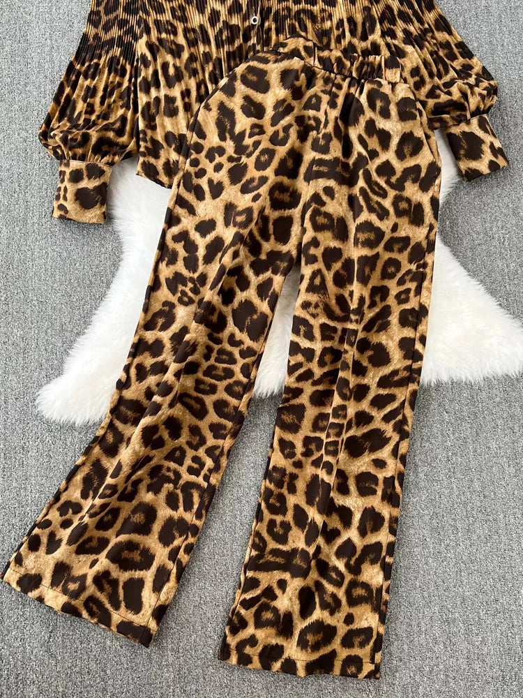 Casual Leopard Print Set 2 Pieces Long Sleeve Shirt