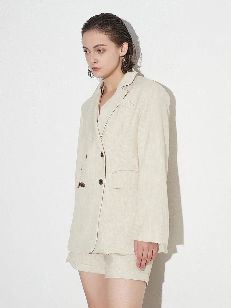 Beige dreiteilige Sets (Jacke + ärmellose, schmale Weste mit V-Ausschnitt + Shorts mit hoher Taille)