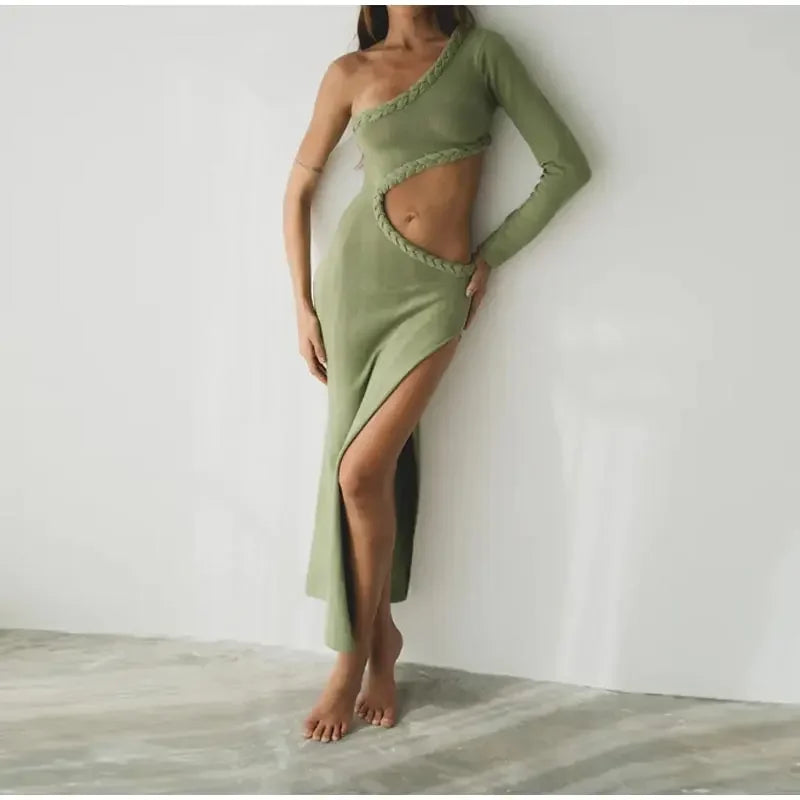 Asymmetry Green Sleeveless Evening Party Maxi Dress