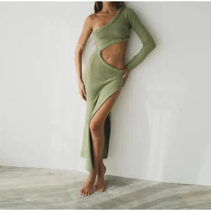 Asymmetry Green Sleeveless Evening Party Maxi Dress