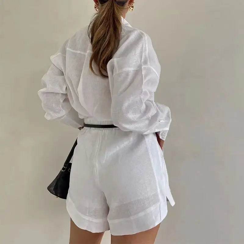 Two Piece Set (Elastic Waist Shorts + Long Sleeve Shirt Suit)