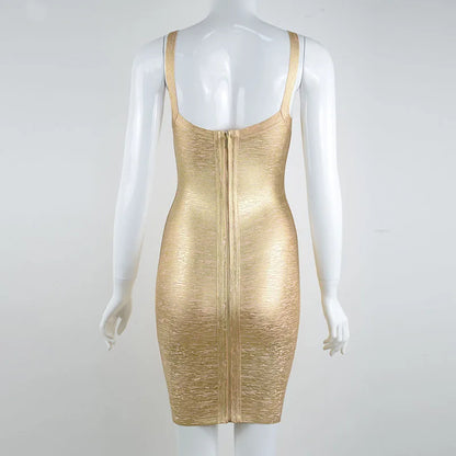 Gold Metallic Bandage Sleeveless Mini Dresses