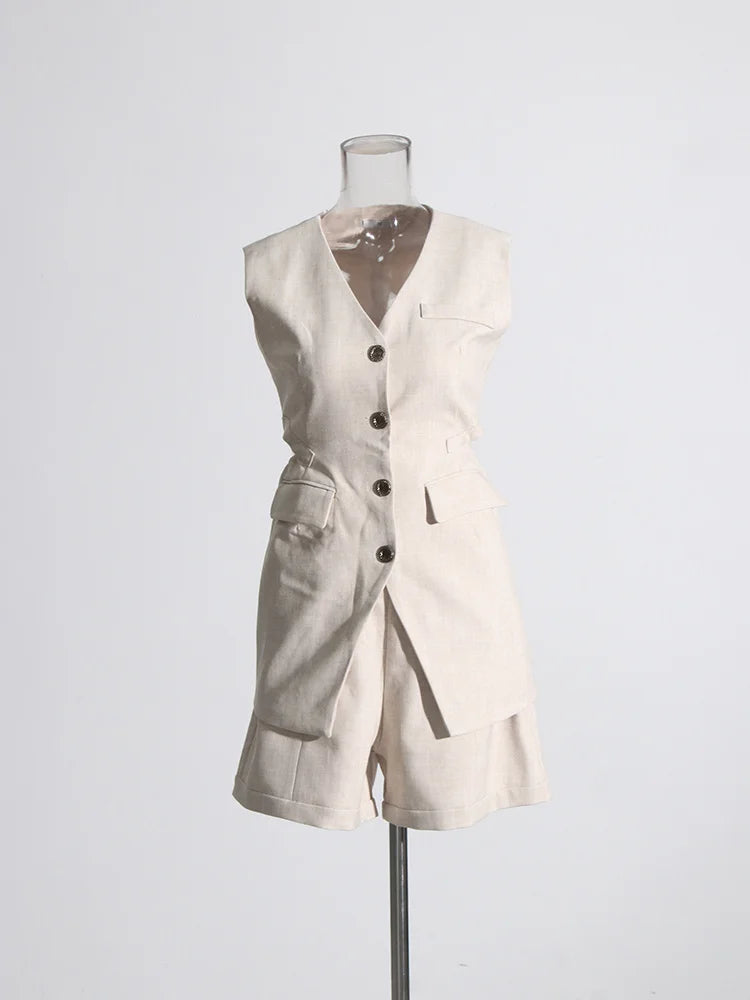 Beige Three Piece Sets (Jacket + V Neck Sleeveless Slim Vest + High Waist Shorts)