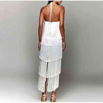 Chic Sleeveless Backless Metallic Color Tassel Long Dress