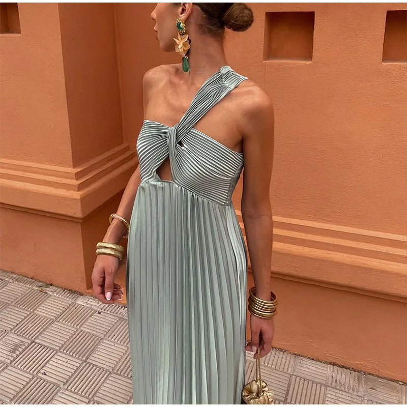 Fashion One Shoulder Hollow Out Pleated Maxi Dress