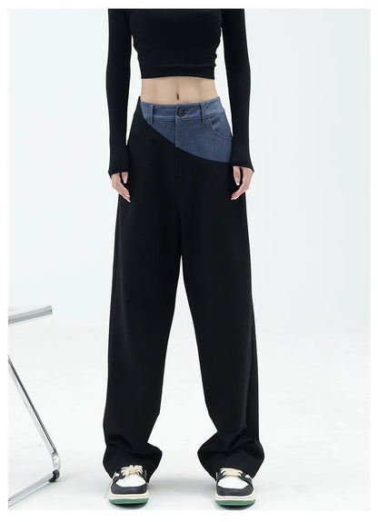 Casual Black Straight Jeans Vintage Patchwork Wide Leg Pants High Waist