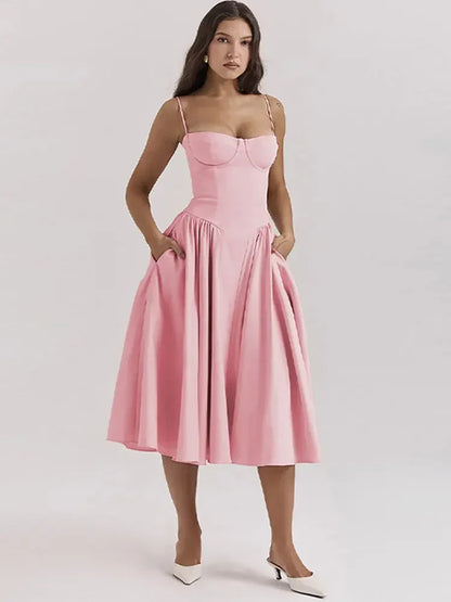 Elegant Retro Sleeveless Backless Pleated Midi Dress