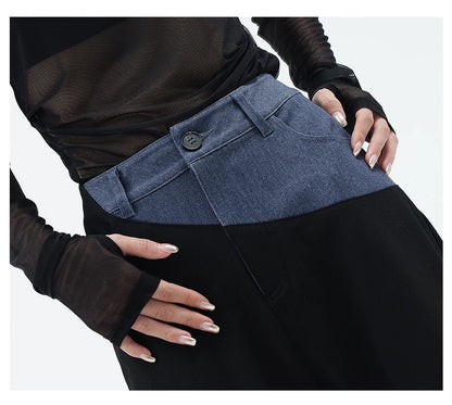 Casual Black Straight Jeans Vintage Patchwork Wide Leg Pants High Waist