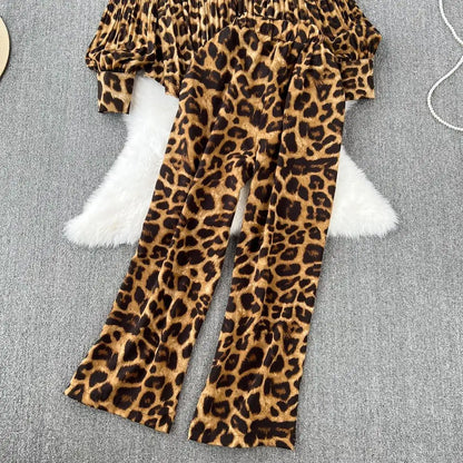 Casual Leopard Print Set 2 Pieces Long Sleeve Shirt