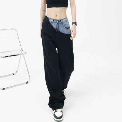 Casual Black Straight Jeans Vintage Patchwork Wide Leg Pants High Waist