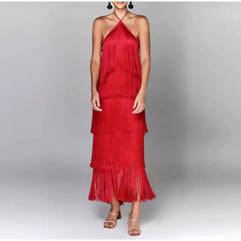 Chic Sleeveless Backless Metallic Color Tassel Long Dress