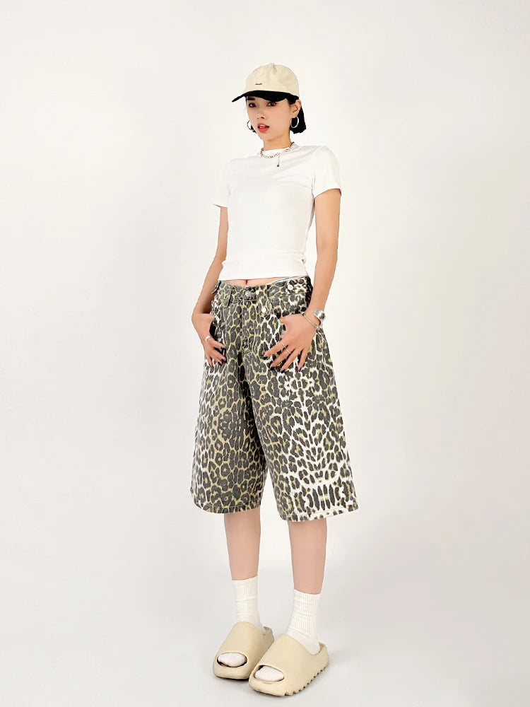 High Waist Straight Streetwear Shorts Jeans Leopard