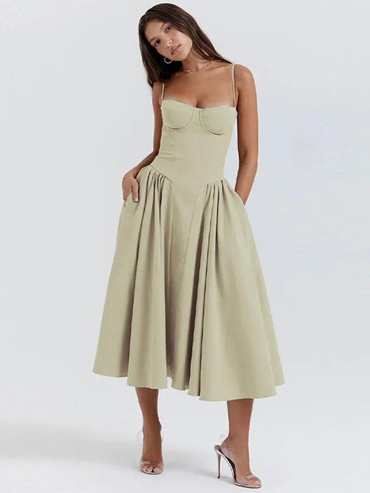 Elegant Retro Sleeveless Backless Pleated Midi Dress