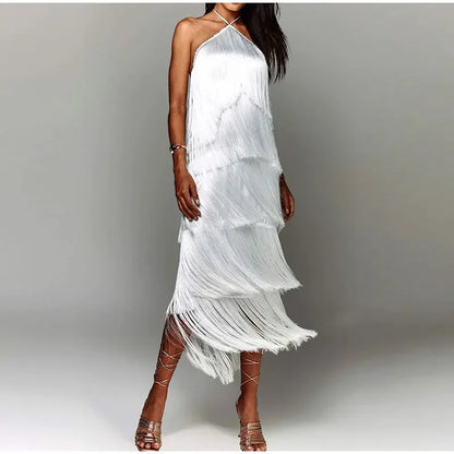 Chic Sleeveless Backless Metallic Color Tassel Long Dress