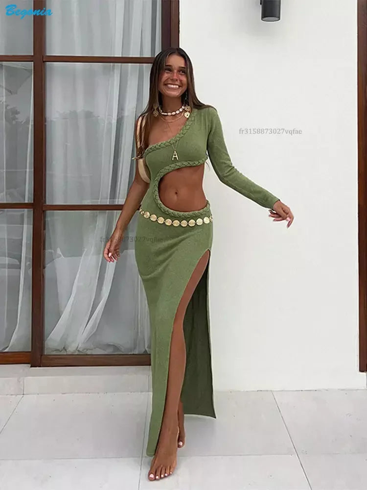 Asymmetry Green Sleeveless Evening Party Maxi Dress