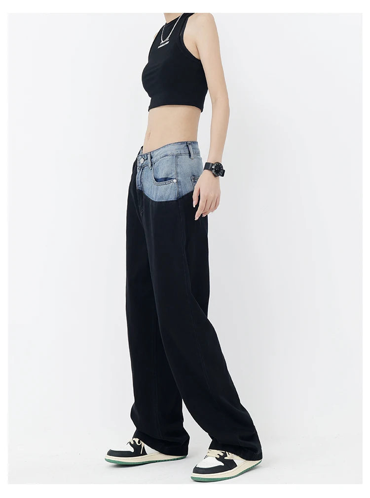 Casual Black Straight Jeans Vintage Patchwork Wide Leg Pants High Waist