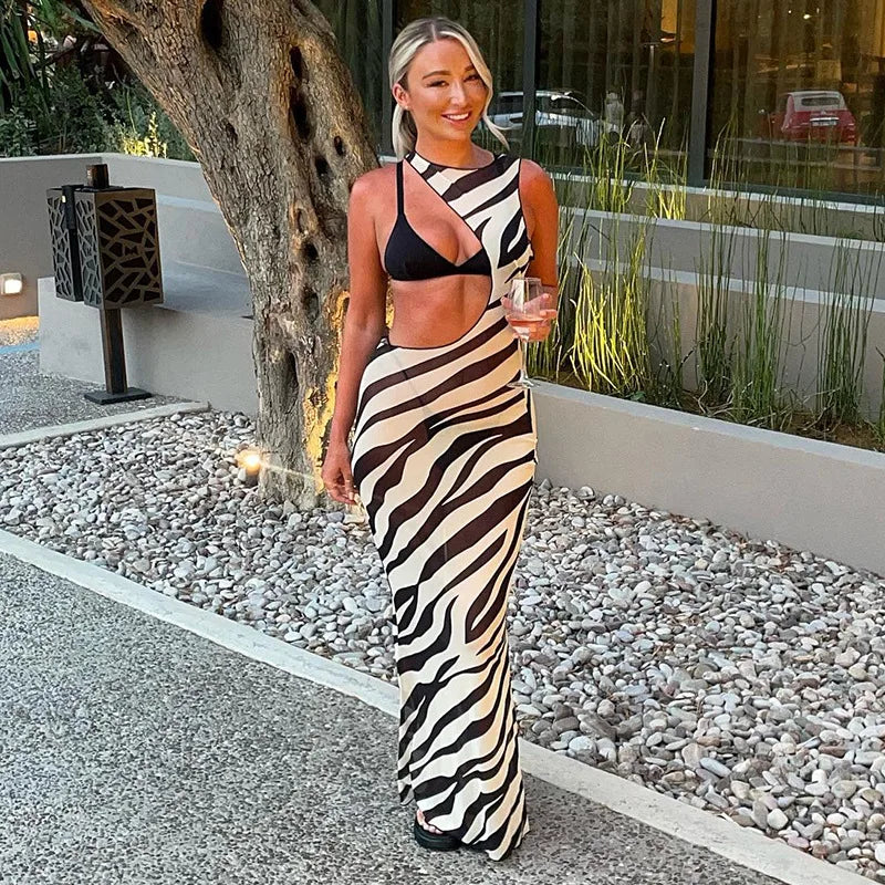 Langes Kleid im Strandstil mit Zebra-Print