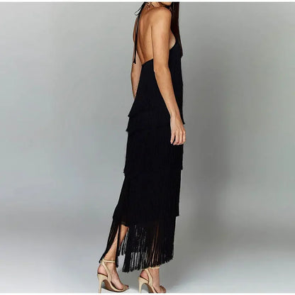 Chic Sleeveless Backless Metallic Color Tassel Long Dress