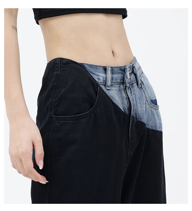 Casual Black Straight Jeans Vintage Patchwork Wide Leg Pants High Waist