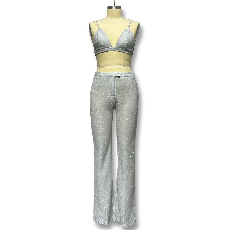 3 piece Set new camisole, slim straight high-waisted pants, sexy sequined jacket suit