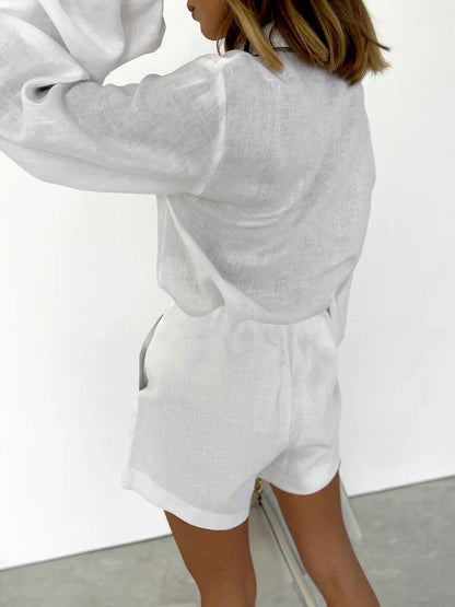 Cotton Linen Two-piece White Set (Shirt + Shorts)