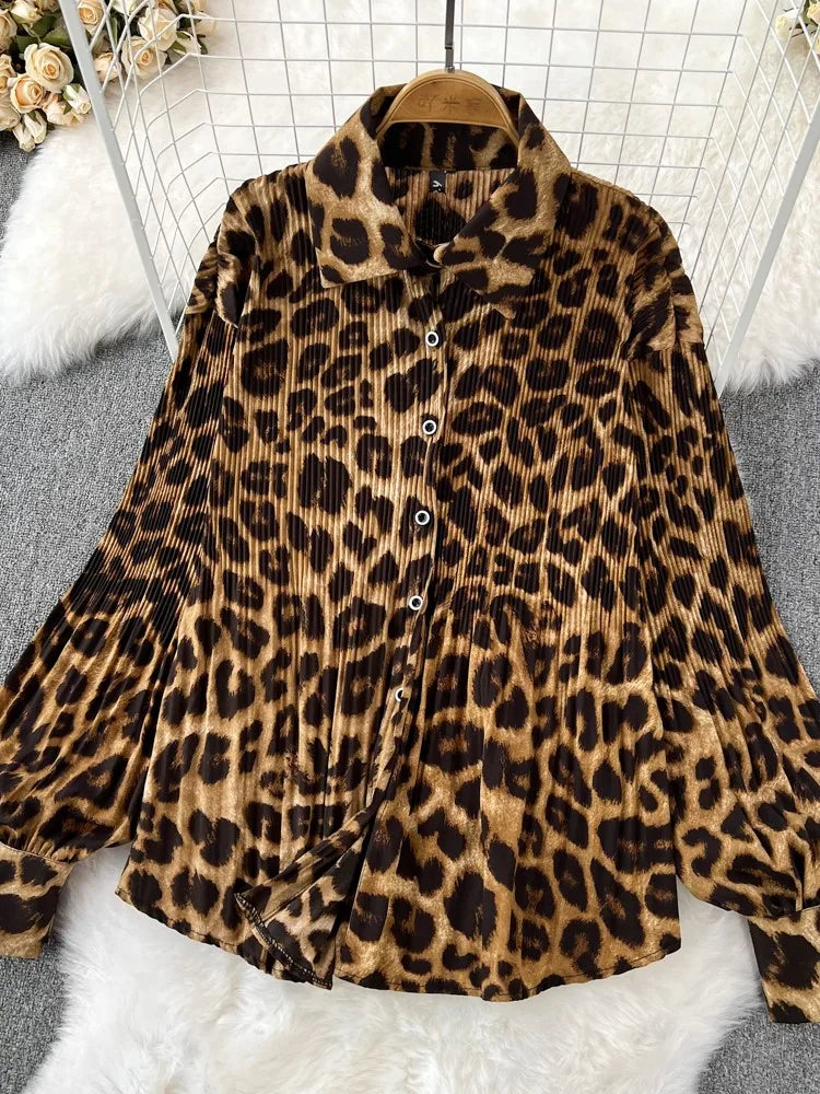 Casual Leopard Print Set 2 Pieces Long Sleeve Shirt