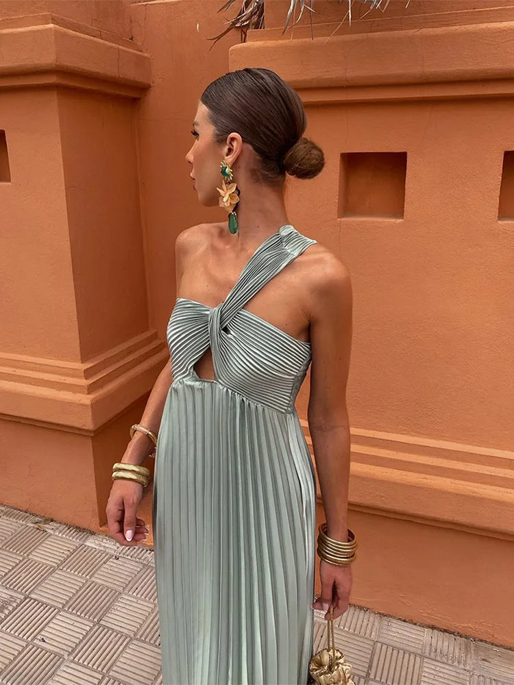 Fashion One Shoulder Hollow Out Pleated Maxi Dress