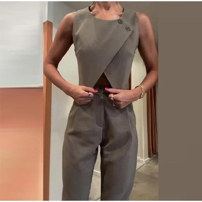 Casual Solid 2 Pieces Suit Set (Sleeveless Top Waistcoat + High Waist Trousers)