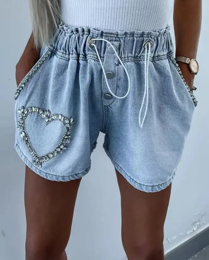 Denim Shorts Rhinestone Pocket Design