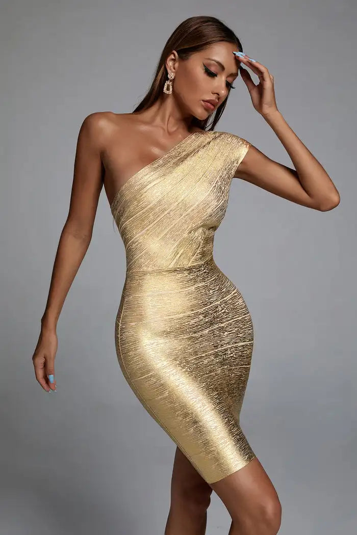 Sexy One-Shoulder-Bandage-Kleid in Gold-Silber