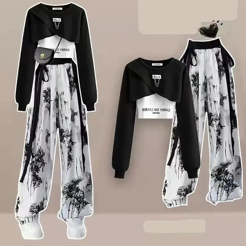 Three Pieces Trendy Set (Long Sleeved Top+Tank Top+Ink Wide Legged Pants)