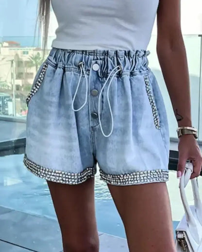 Denim Shorts Rhinestone Pocket Design