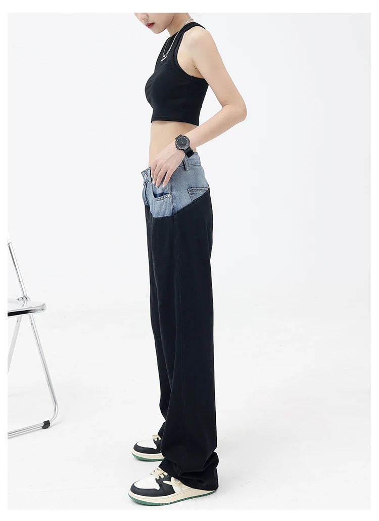 Casual Black Straight Jeans Vintage Patchwork Wide Leg Pants High Waist