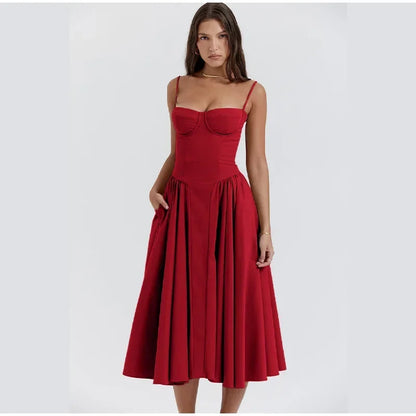 Elegant Retro Sleeveless Backless Pleated Midi Dress